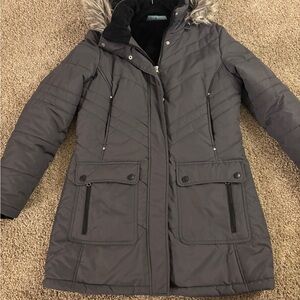 Women's Gray Winter Coat with Faux Fur Hood